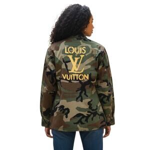 Military Camo Jacket Handpainted with Louis Vuitton Back Design in Gold